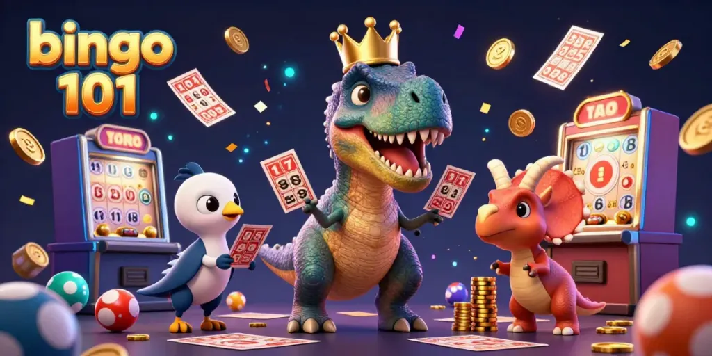 Bingo 101 scene with cartoon characters, featuring a T-Rex shuffling bingo cards, a pterodactyl assisting, and a triceratops stacking chips.