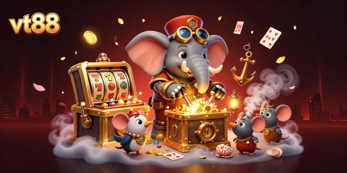 Engage with vt88's thrilling golden slot machine adventure amidst a vibrant steampunk casino.