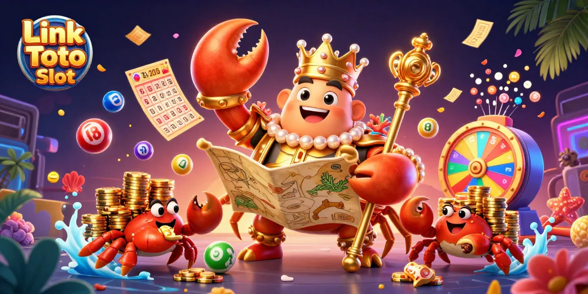 Experience thrilling action at Link Toto Slot with vibrant colorful lottery elements and a grand crab emperor.