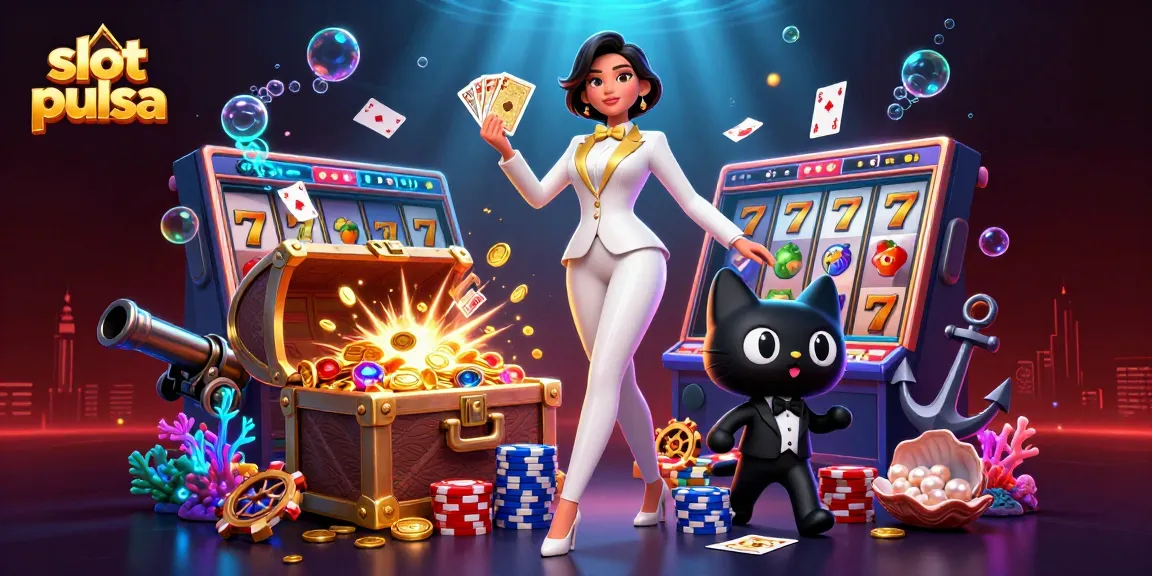 Win big with slot pulsa as a glamorous dealer shuffles cards and spins slot reels.