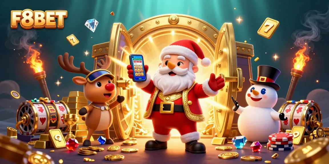 Experience F8BET's winning allure with Santa, his reindeer dealer, and a poker chip snowman amid jackpots and treasure.