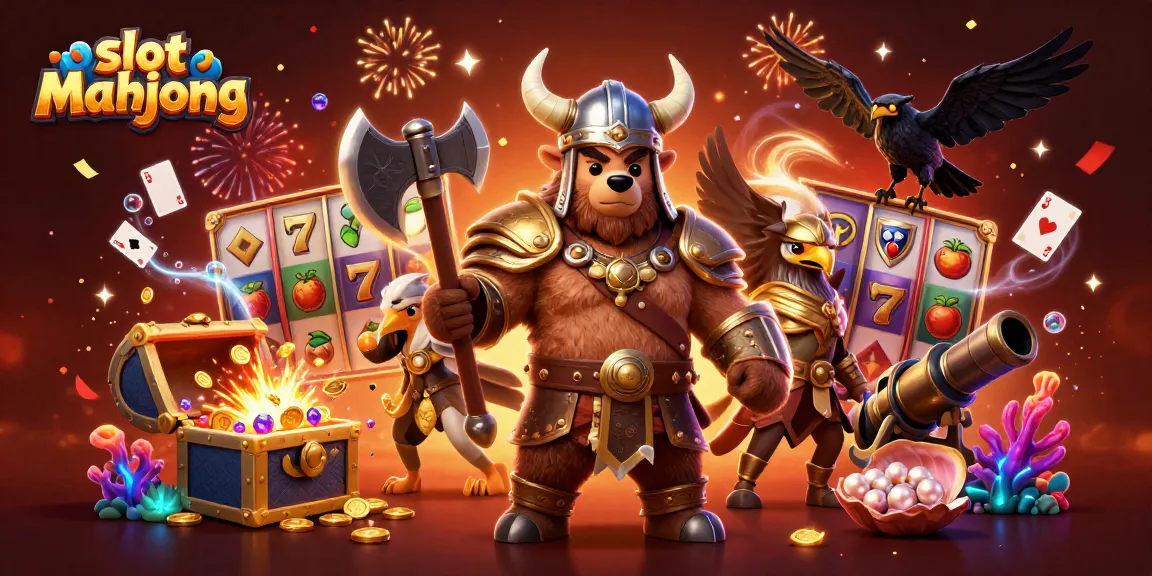 Engage in slot mahjong excitement with a Viking bear, Valkyrie eagle, and glowing treasure.