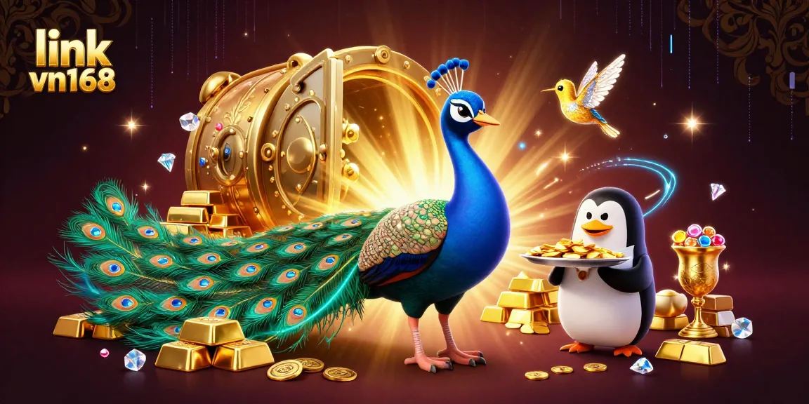 Experience thrilling action at link vn168, where a colorful peacock and a penguin serve golden chips amidst a treasure-filled casino.