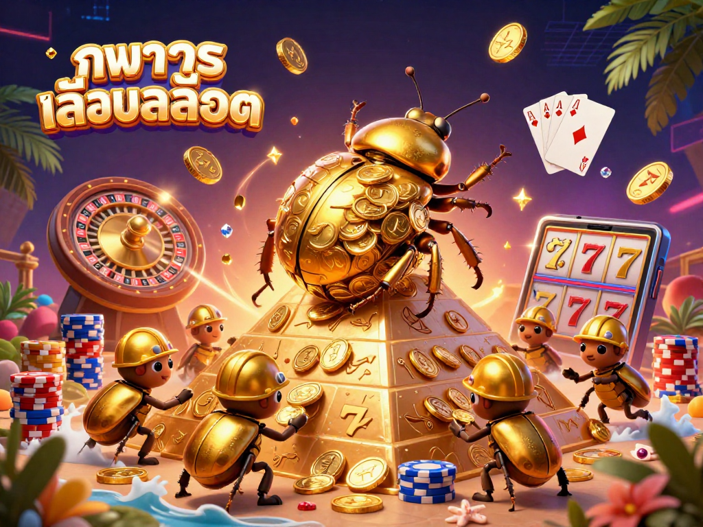Engage in ทดลองเล่นสล็อต with vibrant 3D visuals showcasing golden beetles and casino elements.