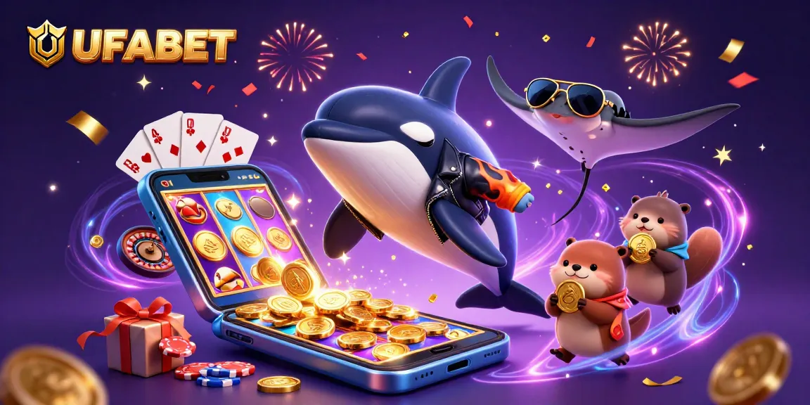 Experience thrilling casino action with UFABET featuring orca, stingray, and sea otters in a vibrant slot scene.