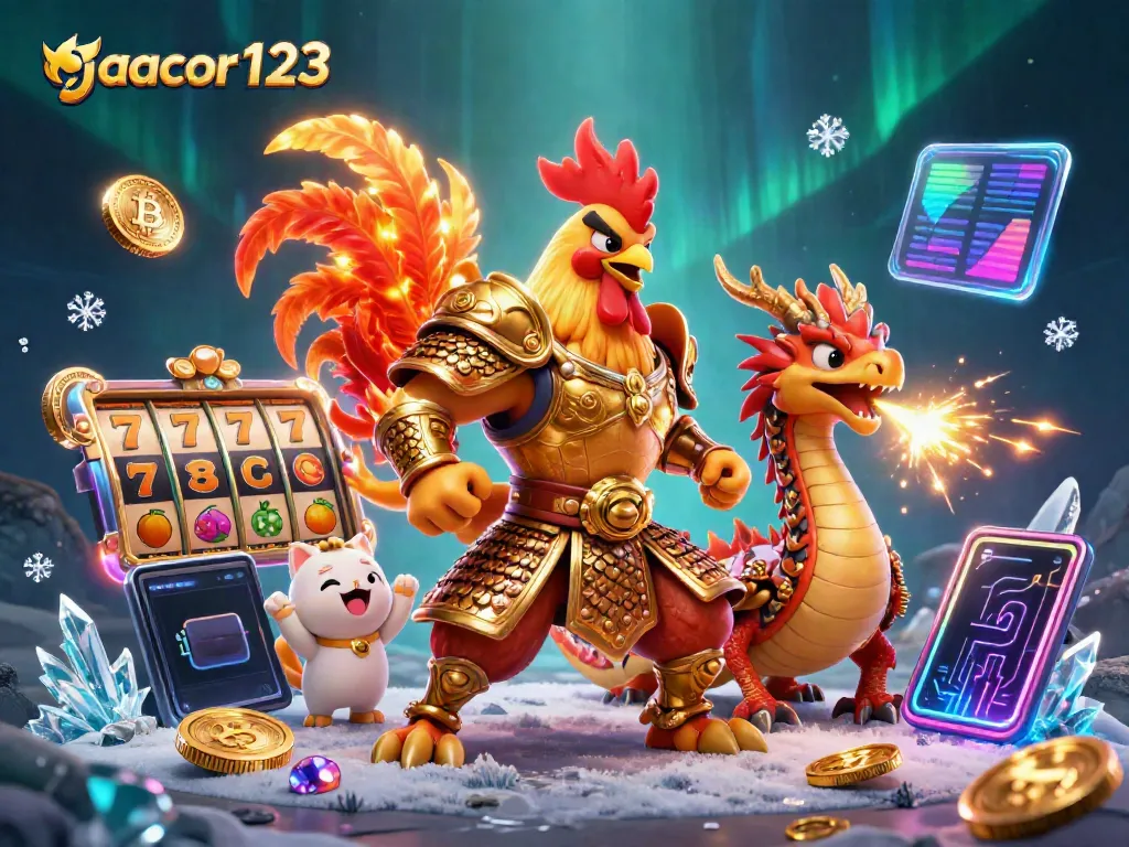 Engage in exciting slots at gacor123, featuring a dynamic scene with a fiery rooster warrior and a dragon hatchling.