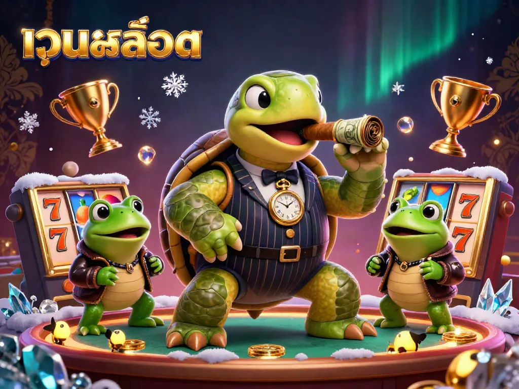 Play slot games with เว็บสล็อต amid a vibrant 3D casino scene filled with colorful characters.