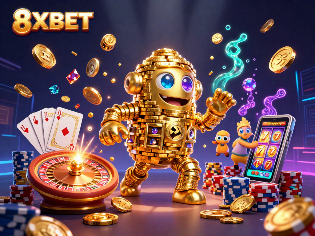 Engage with 8XBET's thrilling gaming features in this vibrant 3D casino illustration.