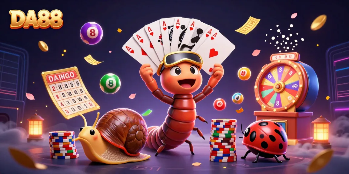 DA88 lively casino scene featuring a cartoon millipede dealer and exciting game elements.