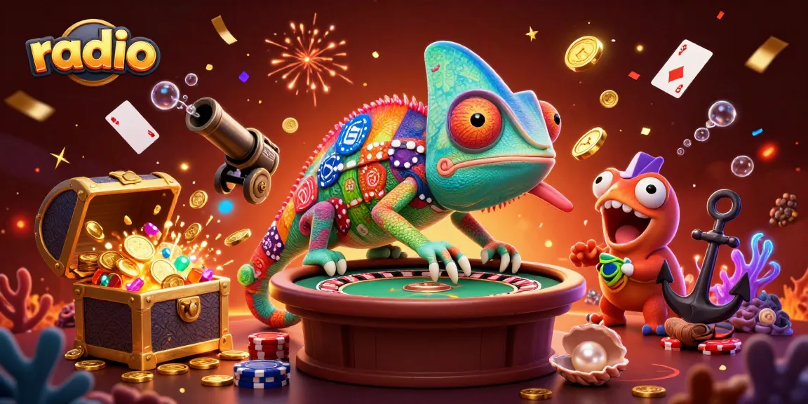 Experience thrilling gameplay with radio-inspired scenes featuring vibrant casino elements and lively characters.