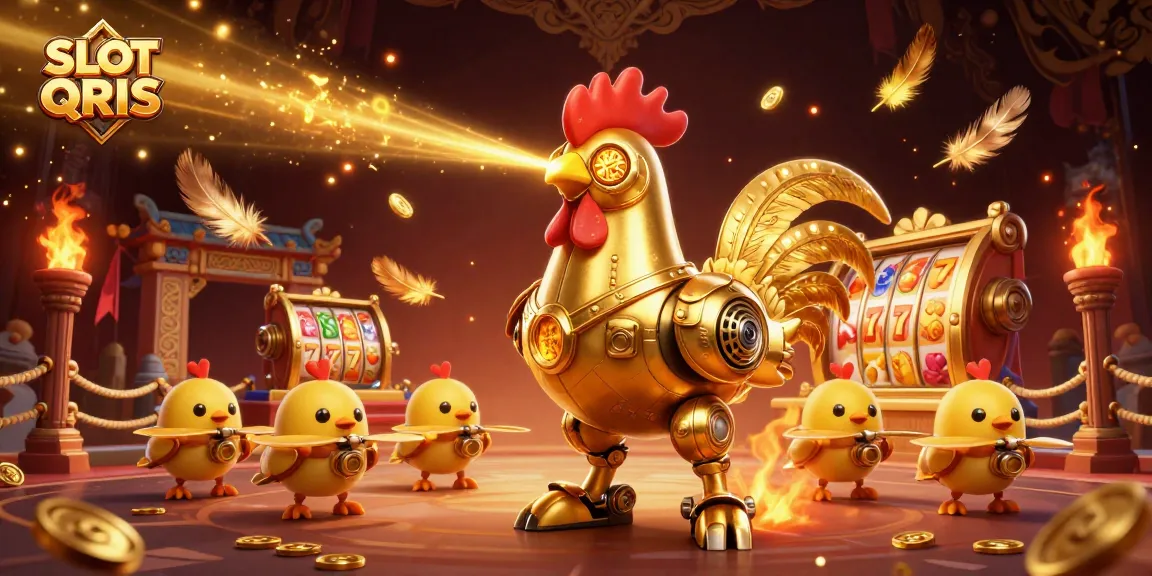 Engage with captivating SLOT QRIS action featuring a golden rooster robot and baby chick drones amidst thrilling slot elements.