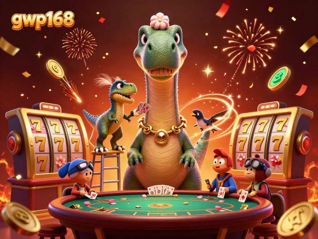 GWP168 menciptakan suasana kasino hidup dengan dinosaurus dan raptor di meja poker.