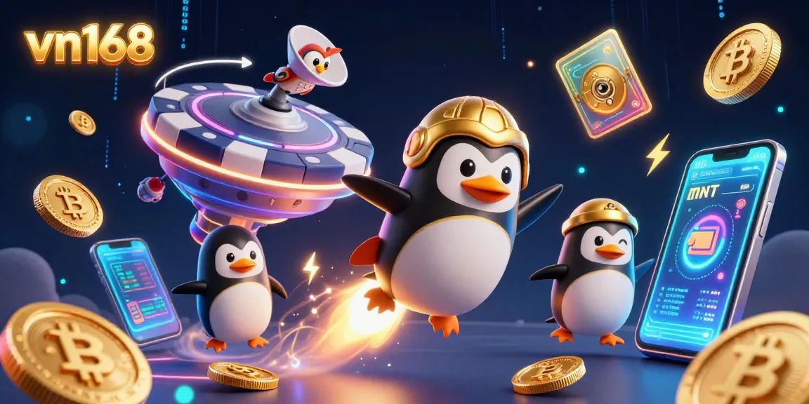 Join the excitement at vn168, where a golden penguin races towards a casino in space!