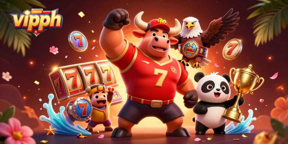 Experience exciting wins with vipph at this vibrant cartoon casino scene featuring a bull, eagle, and panda.
