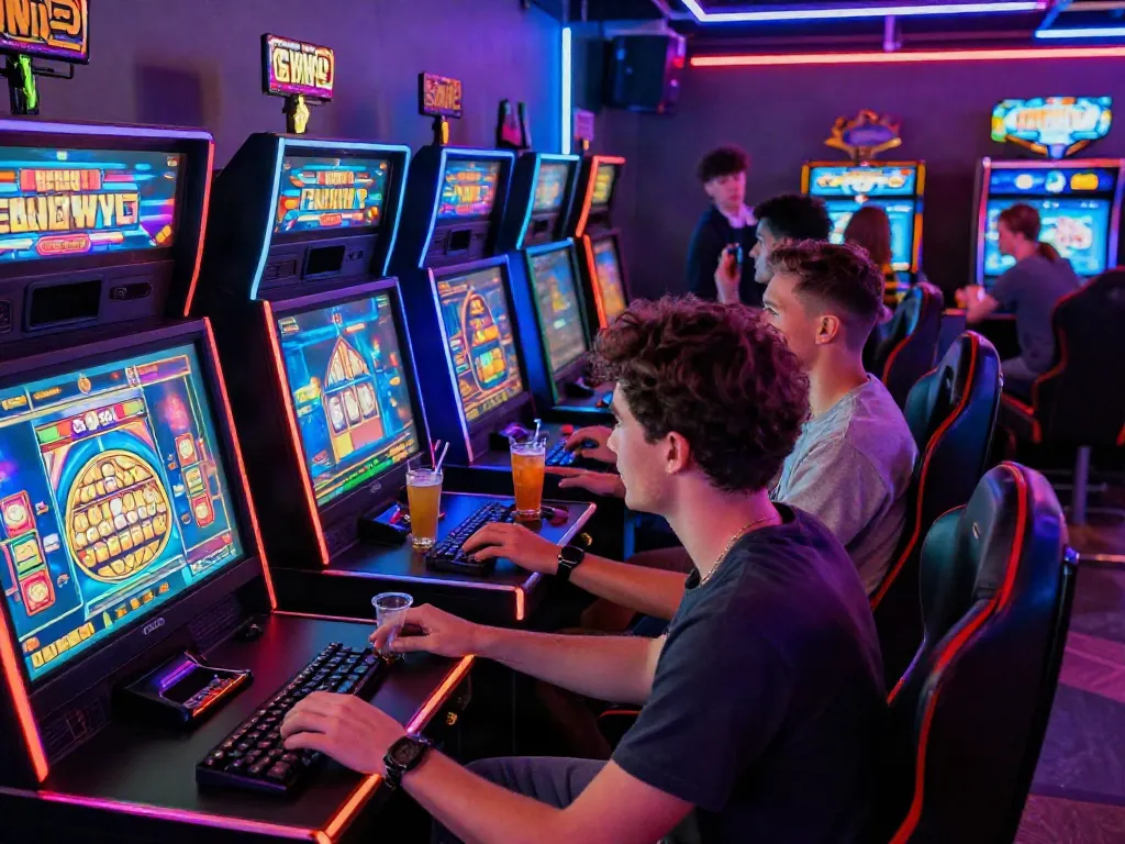 Group enjoying gaming machines at king999's vibrant gaming lounge, showcasing excitement and modern gambling.