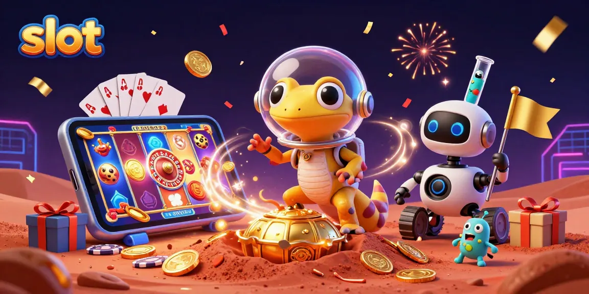 Permainan slot yang mengagumkan dengan gecko Mars dalam kasino emas, menikmati keberuntungan jackpot