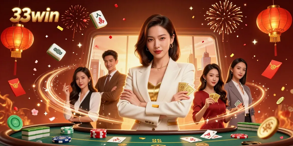 Engage with 33win's exciting casino world as a powerful businesswoman showcases winning cards.