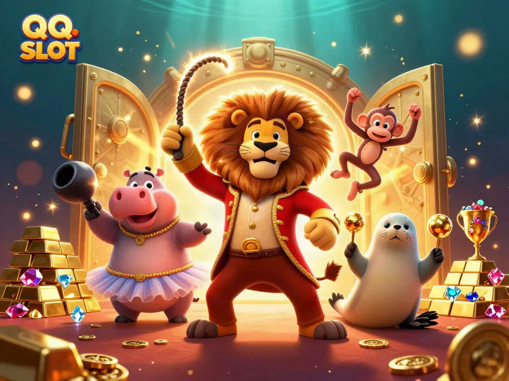Engage in QQ SLOT action with colorful circus characters, treasure, and vibrant gems.