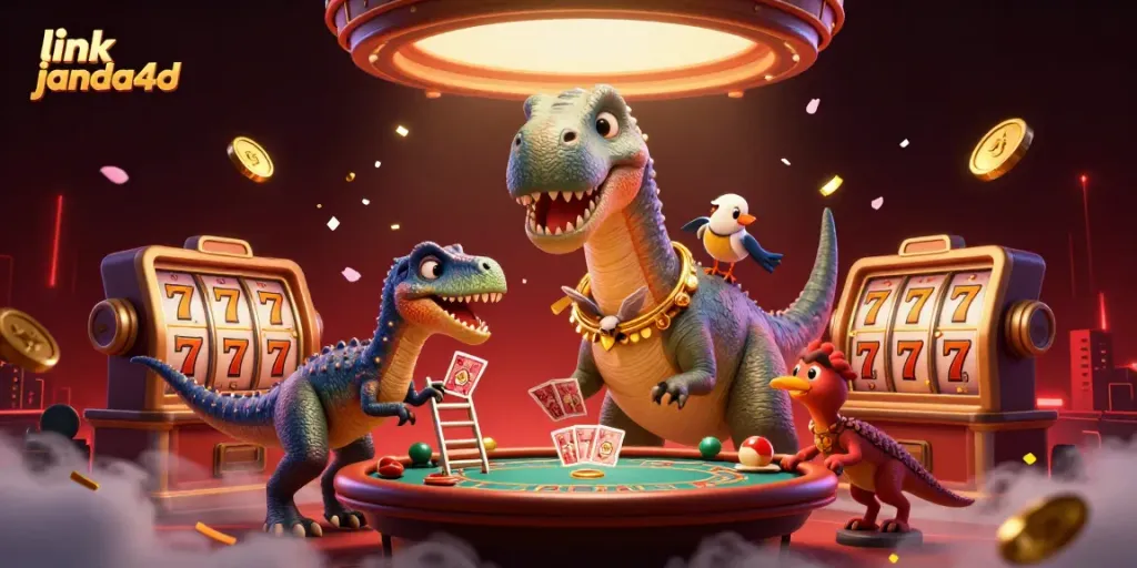 Permainan slot menarik di link janda4d dengan karakter kartun dinosaur yang unik dalam suasana kasino.