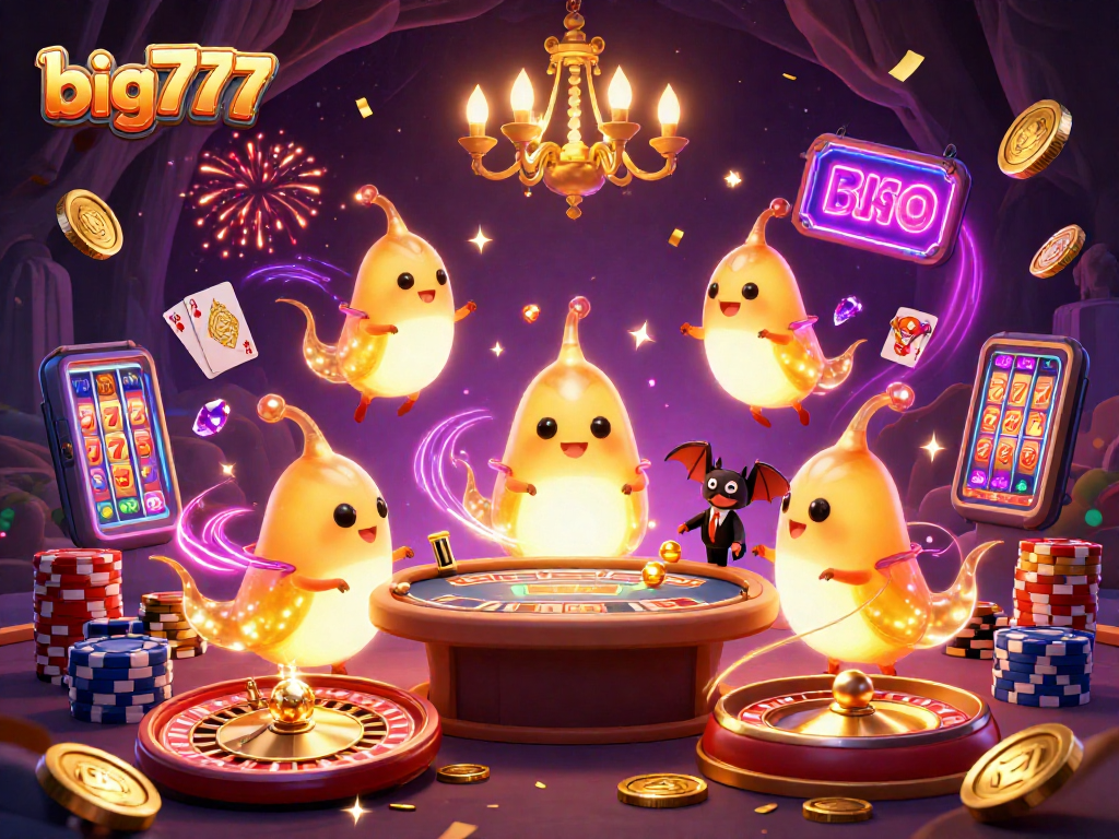 Experience the vibrant atmosphere of big777's cave casino with glowing worms, coins, and lively gaming action.