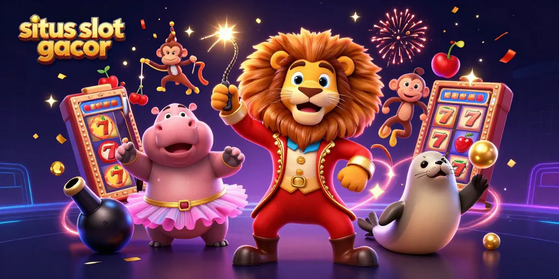 Engage in situs slot gacor with a vibrant 3D scene featuring dynamic characters and slot machine elements.