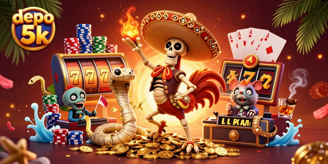 Menang jackpot dengan depo 5k sambil menikmati slot dan karakter ceria yang meriah.