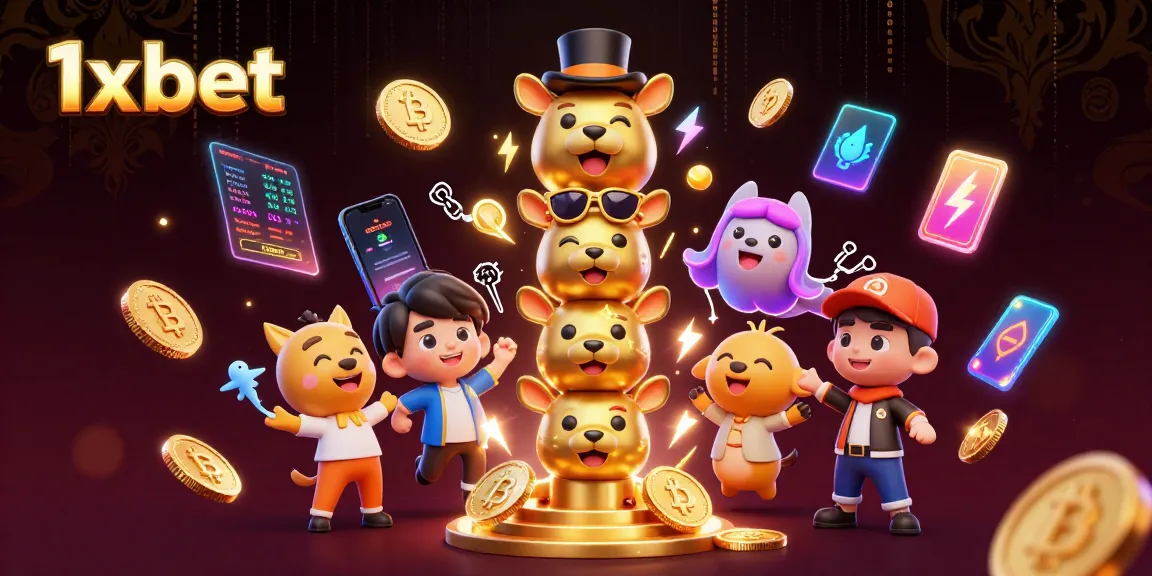 Engage with 1x bet through a vibrant 3D illustration featuring casino totems and cryptocurrencies.