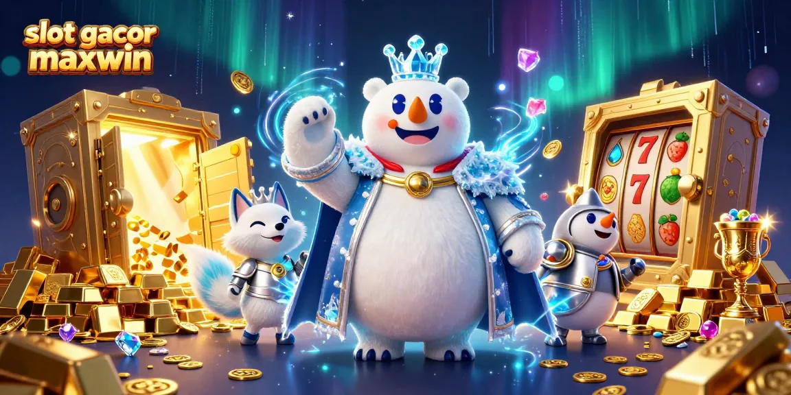 Menangkan slot gacor maxwin dengan gambar 3D berisi raja beruang kutub dan rubah salju dikelilingi harta karun.