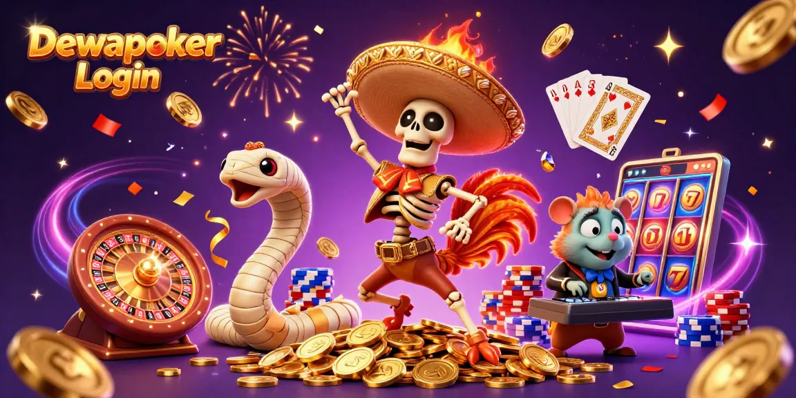 Dewapoker Login vibrant casino celebration with skeleton, mummy, and DJ hamster promoting fun.