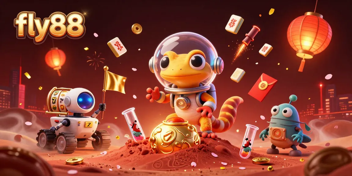 Experience excitement with fly88's golden casino scene featuring vibrant slot reels and cheerful characters.