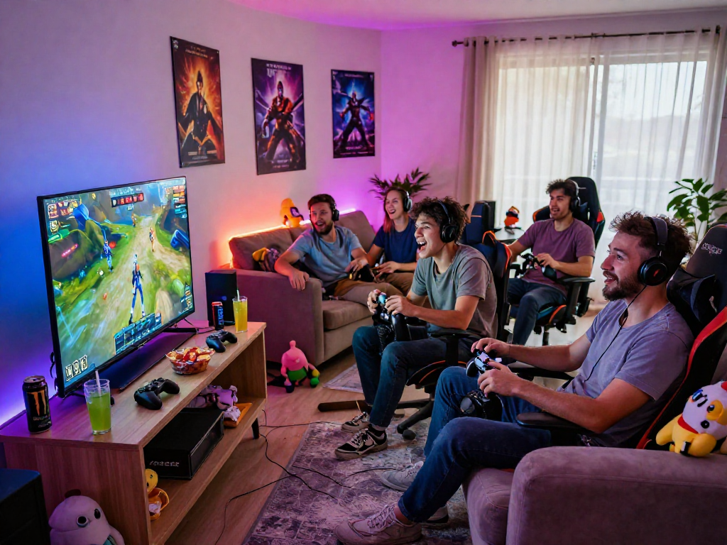 Friends enjoying a gaming night with lucky77-themed snacks and consoles in a cozy living room.