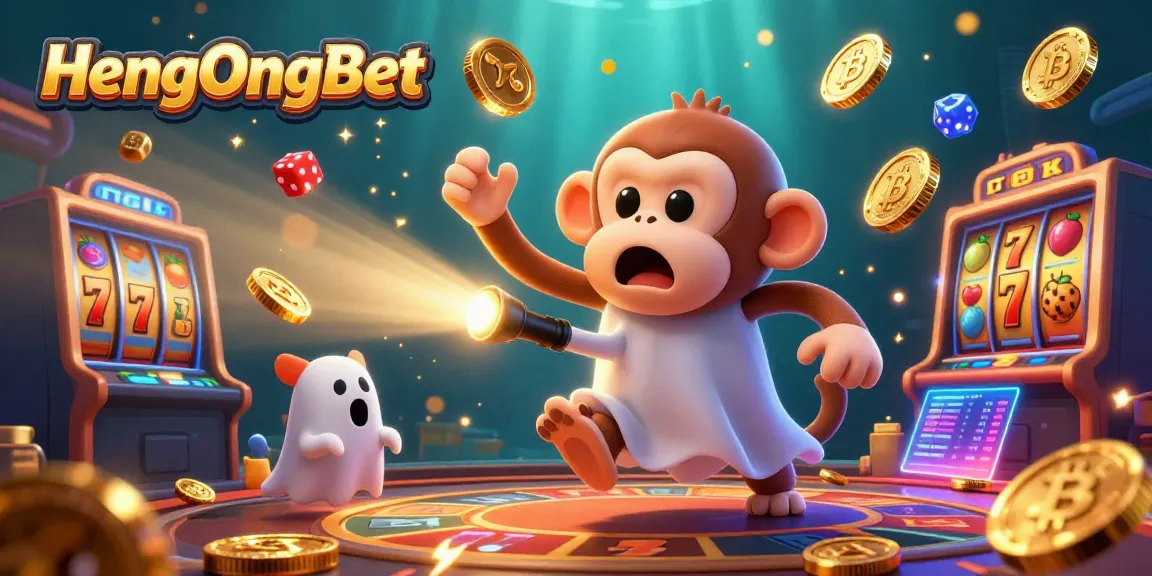 Join the fun at HengOngBet with a mischievous monkey juggling casino riches and a ghost-hunter puppy in a vibrant 3D scene.