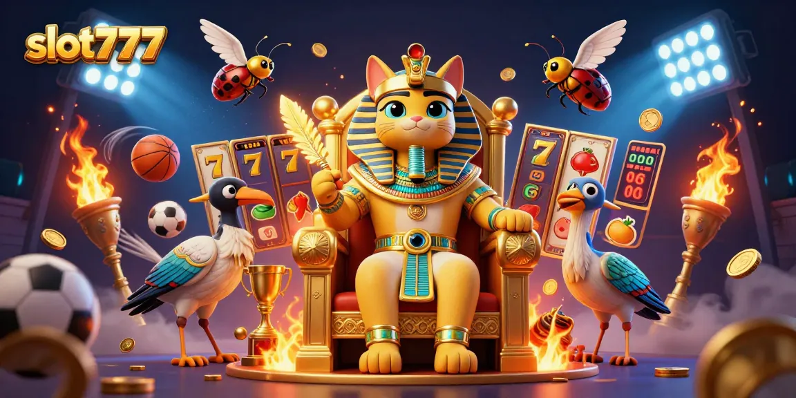 Mainkan slot777 dengan gaya visual kaya, menampilkan simbol slot dan karakter menarik.
