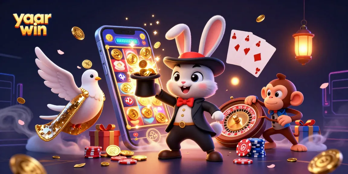 Engage in the thrill of yaar win through vibrant casino-themed 3D illustration with a magician rabbit and dynamic elements.