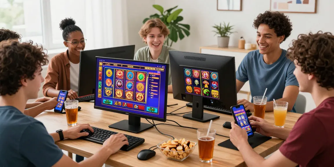 Exciting group of players enjoying Pinata Wins slot games in a vibrant home gaming setup