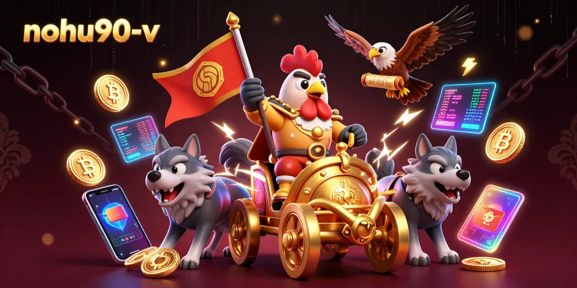 Engage with nohu90-v's vibrant gaming experience featuring enchanted rooster and cryptocurrency elements.
