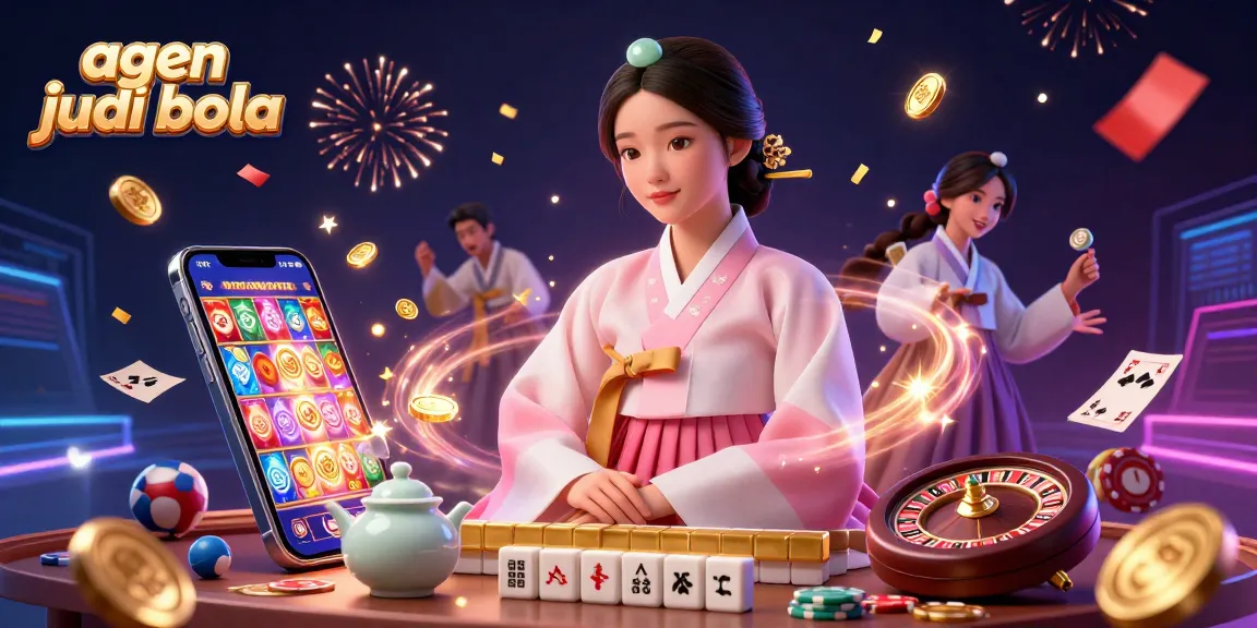 Engage in agen judi bola with a stunning illustration featuring a serene Asian woman, slot games, and exciting betting elements.