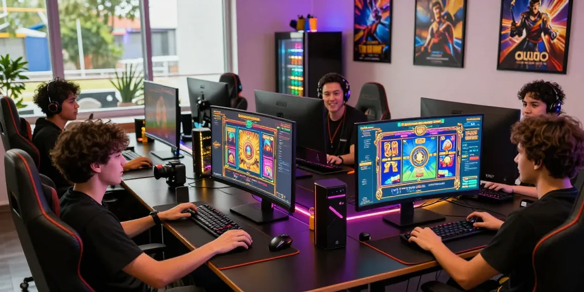 Friends excitedly strategizing for bandar slot resmi game in a colorful gaming setup.