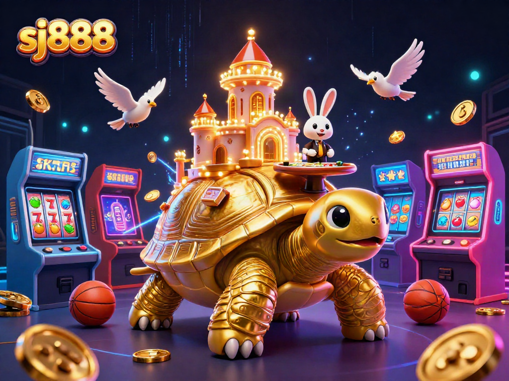 Engage with sj888 through a vibrant casino scene with a golden tortoise and a rabbit dealer.