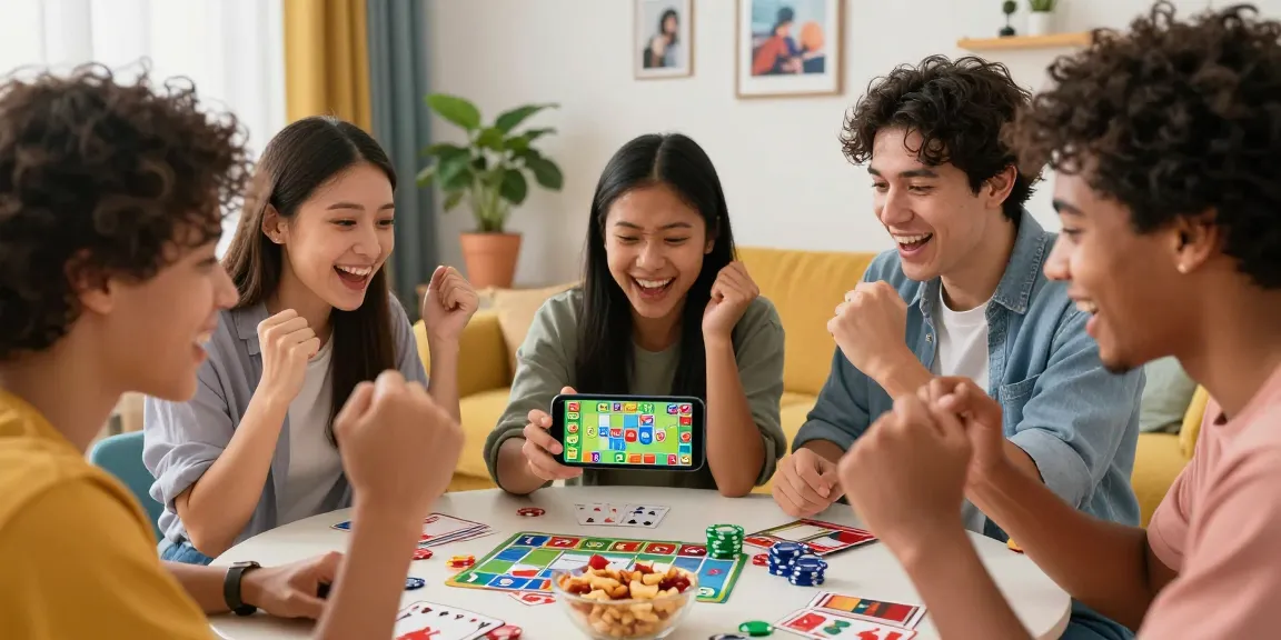 Gathered friends enjoying the Card Rummy app, a vibrant online real money game, in a cozy setting.
