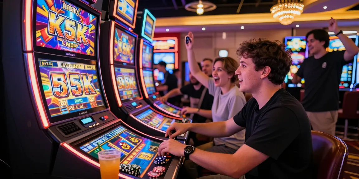 Player enjoying a slot 5k game in a lively casino with neon lights.