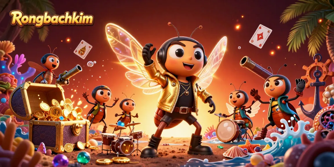 Rongbachkim showcases a vibrant 3D casino scene with a cicada rock star and treasures.