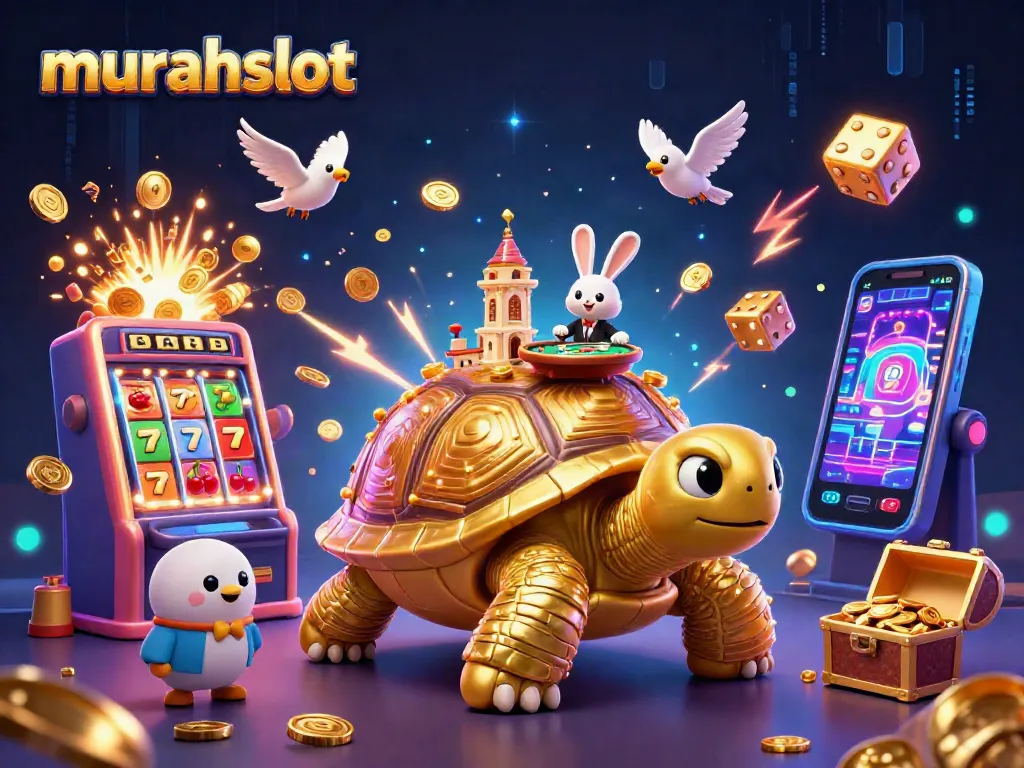 Grafik menarik tentang murahslot, menampilkan kura-kura kartun dengan kasino mini dan dealer kelinci, dikelilingi elemen permainan kasino.