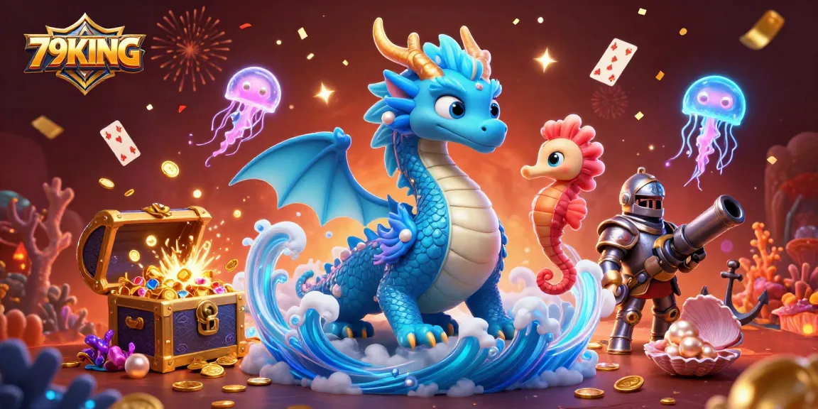 Immerse in the vibrant action of 79KING with a vivid illustration of a majestic dragon and playful seahorse knights.
