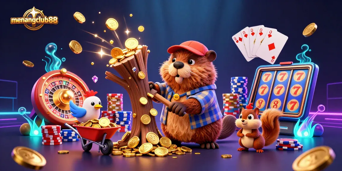 Engage with the thrilling world of menangclub88 as the beaver character chops a tree showering golden coins in this dynamic casino illustration.
