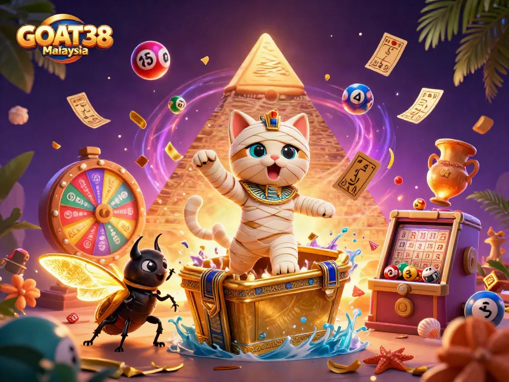 Enhance your winning chances with GOAT38 Malaysia's vibrant gaming scene featuring a mummy cat and golden elements.
