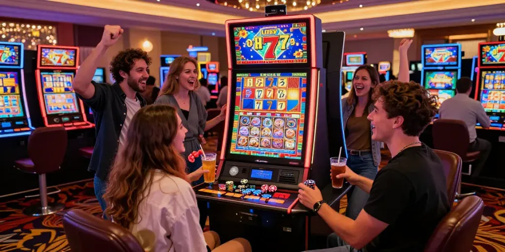 Friends celebrating a win at Lucky777-themed slot machine in a casino.