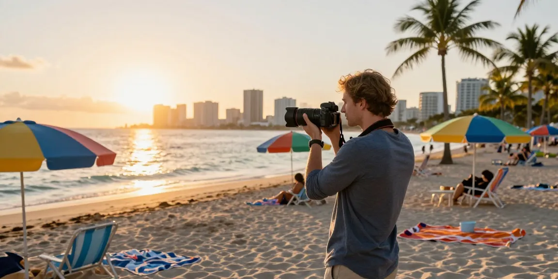 Pengunjung https://miami4d.com/ di pantai Miami saat matahari terbit dengan kamera DSLR.