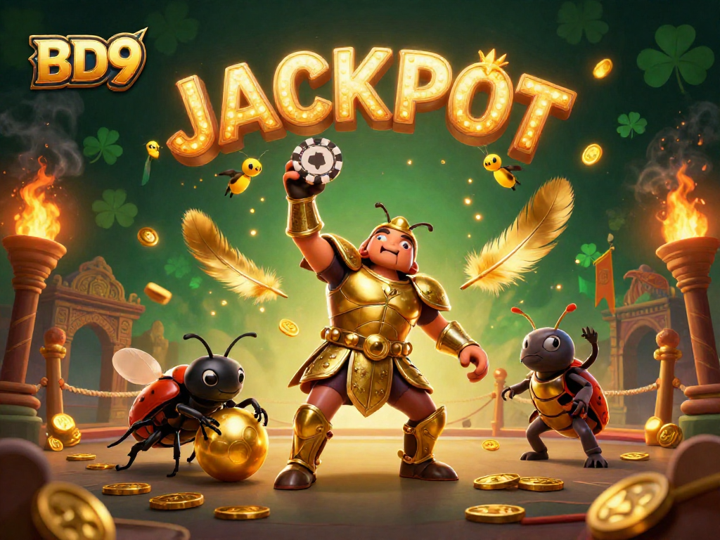 Experience BD9's thrilling jackpot scene with a golden-armored beetle celebrating winnings.