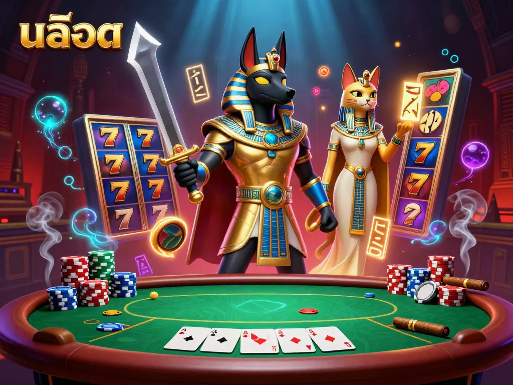 ภาพการเล่นเกมสล็อตที่เน้นเนื้อหาเกี่ยวกับสล็อต โดยโชว์ตัวละคร อนูบิส และแบสเตท พร้อมกับสิบสัญลักษณ์อันรุ่งโรจน์